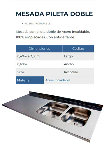 Mesada C/ Pileta Doble 120cm Dhinox Dh56 Acero Inox Respaldo