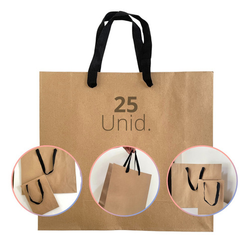 Sacolas Kraft Para Presente Embalagem 32x35x12 Alça Gorgurão EcoBox Marrom-claro Kit 25