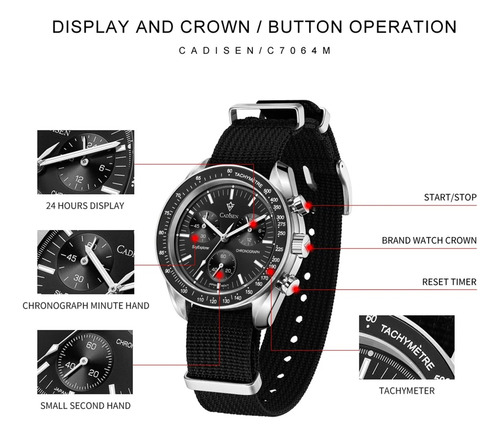 Cadisen Moon Watch Calibre Seiko Vk678 40mm Nato Em Nylon Preto Preto Preto