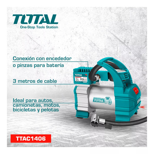 Imagen 3 de 5 de Compresor De Aire Inflador Portatil 12v 140psi Auto Total TTAC1406 + 3 Boquillas adaptables