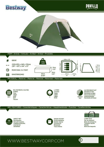 Carpa Bestway Iglu Para 4 Personas Camping Cubre Sobre Techo