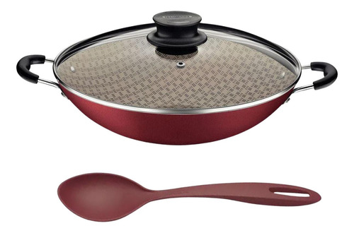 Panela Wok Alumínio Antiaderente 6l 36cm C/ Tampa Frigideira Cor Vermelho