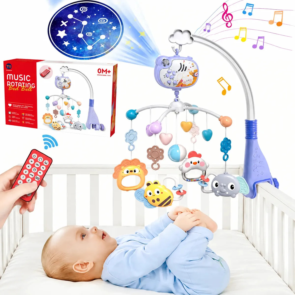 Móvil para Cuna Bebé Musical Sonajero Giratorio con Proyección de Estrellas Luz, Juguete Colgante Educativo Sensorial con Luces y Control Remoto para Cuna Bebe y Cochecito, Regalo 