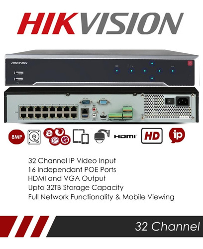 Nvr Hikvision 32ch (16ch Poe) 2160p 8mp H.265pro+