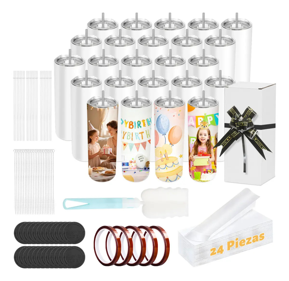 Pack de 24 Tazas para Sublimar de Acero Inoxidable Blanco con Tapa y Pajita de 600 mL