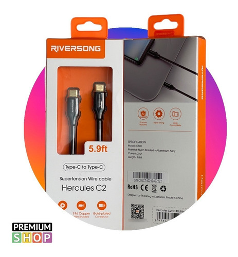 Imagen 4 de 4 de Cable Usb C A Usb C 1.8m Reforzado Riversong Hercules C2