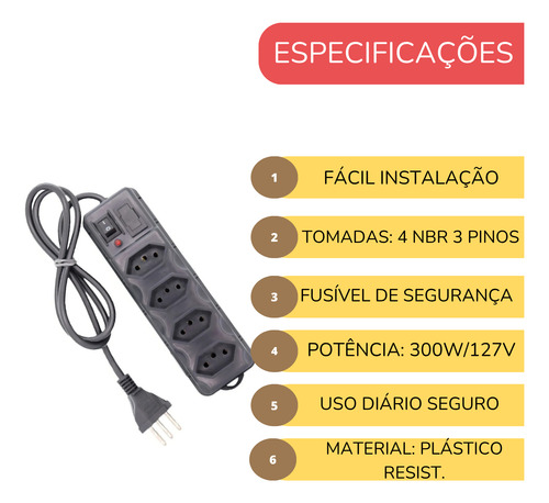 Filtro De Linha Protetor Elétrico 4 Tomadas E Fusivel 85cm