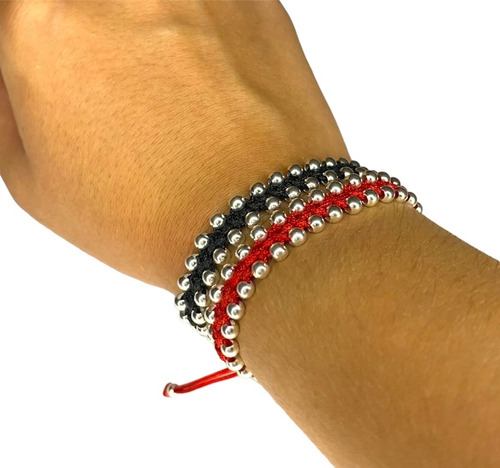 Pulsera Tejida Hilo Rojo Y Bolitas, Plata 925, Hombre Mujer