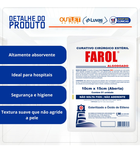 Curativo Cirúrgico Estéril Algodoado 10x15cm 30un Farol