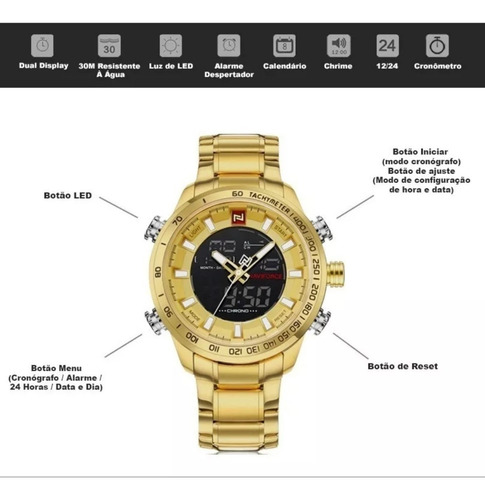 Reloj deportivo digital Naviforce 9093 para hombre con doble hora, color de bisel dorado, color de fondo dorado, color negro