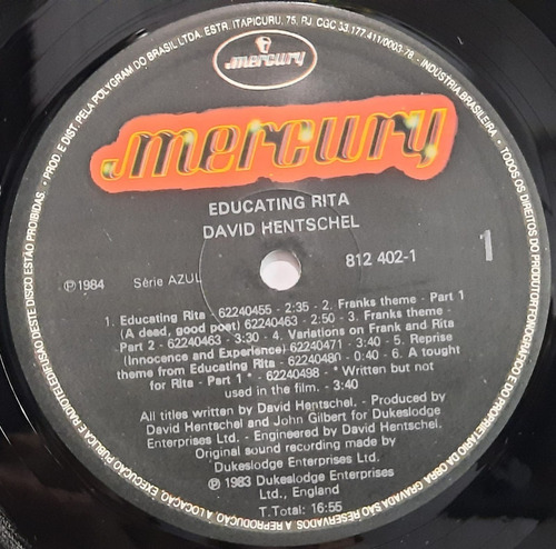 Lp - Educating Rita - David Hentschel - Trilha Sonora 1984 (Usado)