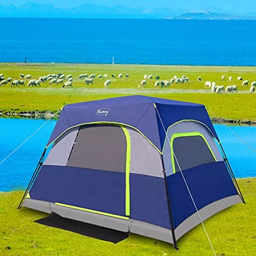 Carpa para 6, impermeable, resiste el viento,armado fácil en 60 segundos,  cubretecho, doble capa, 4 ventanas de malla grandes, 2 puertas de malla, 2