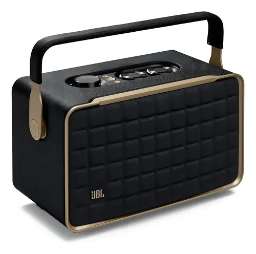 Caixa de som JBL Authentics 300 preta com alça e detalhes dourados, vista frontal.