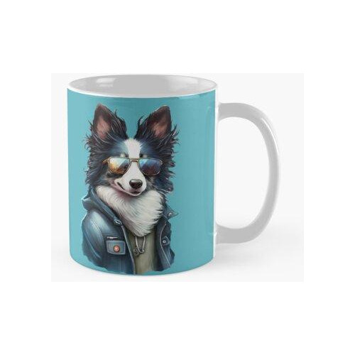 Taza Cute Collie Vistiendo Una Chaqueta De Denium Y Gafas De