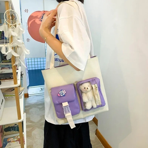 Mochila Escolar 5 Piezas Combo Set Kawaii Estilo Coreana Color Violeta