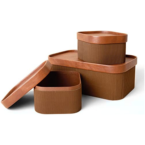 Fluted Cardboard Storage Baskets With Leather-like Lids...