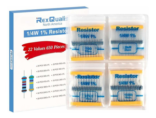 Kit De Resistencia Rexqualis, 650 Piezas 22 Valores 1/4 W 1%