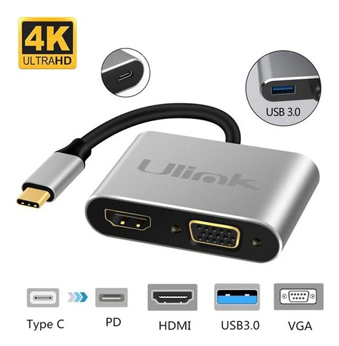 Hub Adaptador 4 En 1 Usb-c A Hdmi 4k + Vga + Usb 3.0+ Usb C