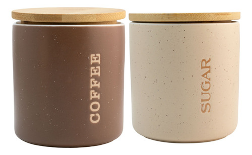 2 Contenedores De Porcelana Café Y Azúcar Con Tapa Bambú Color Marrón Claro