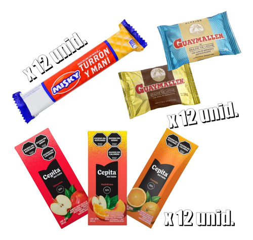 Combo Vianda 12u Jugo Cepita Turrón Misky Alfajor Guaymallén