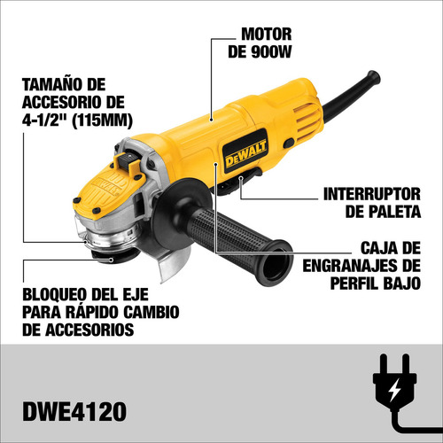 Imagen 4 de 10 de Miniesmeriladora angular DeWalt DWE4120 de 50 Hz/60 Hz color amarillo 900 W 120 V + accesorio