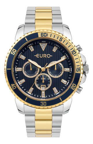 Relógio Euro Feminino Big Case Bicolor - Euos2aaa/4a Bisel Prata Fundo Azul