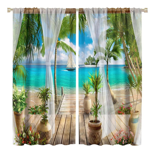 Cortinas De Paisaje, Ventana Con Vista Al Mar Tropical, Océa