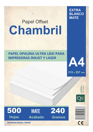Papel Opalina A4 240 Gr Chambril Para Inkjet Y Laser 500 Hjs