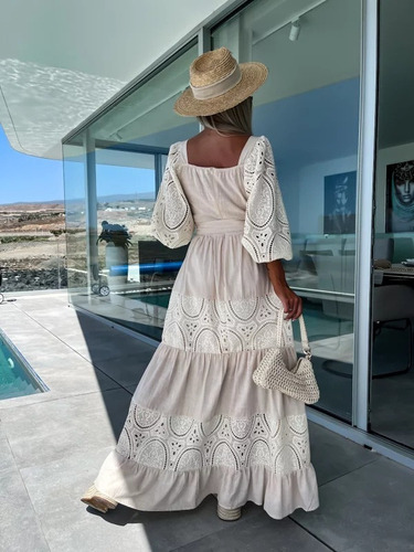 Vestido Largo De Playa Con Encaje Ahuecado De Verano