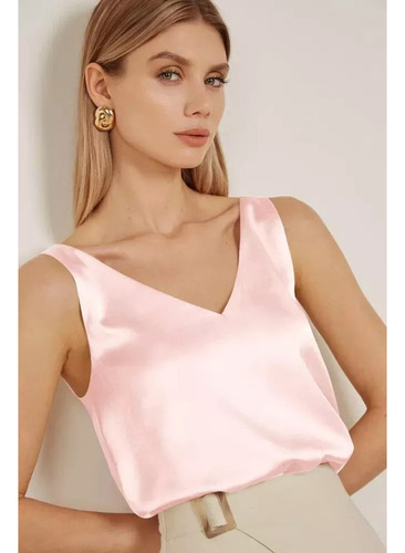 Camiseta Sin Mangas Satén Y Seda Con Cuello En V Para Mujer