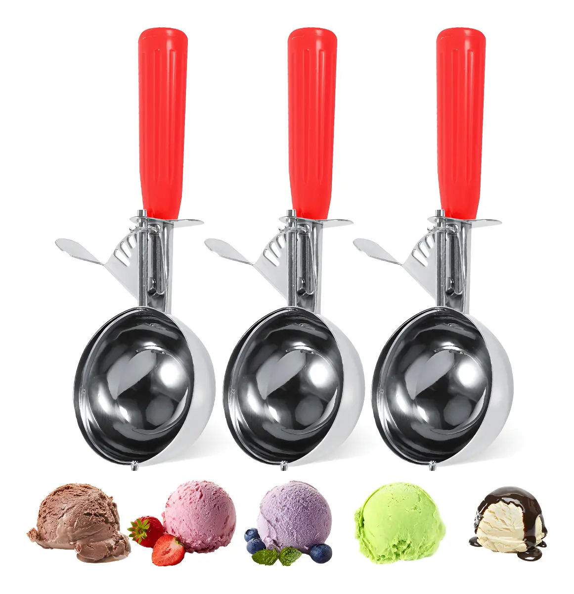 Pack de Cucharas para Helado de Acero Inoxidable, 3 Piezas Rojas con Resorte