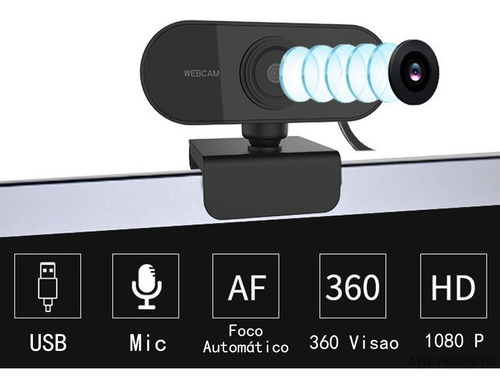Webcam Full Hd 1080 Usb Mini Câmera De Visão 360º Microfone Cor Preto