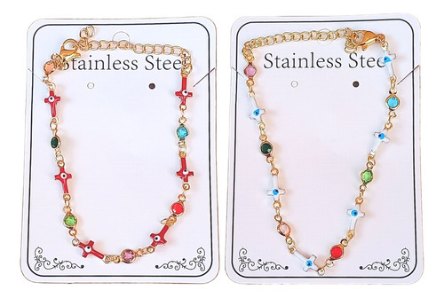 Set 2 Pulseras Ojos Turcos Acero Inoxidable Y Estilo Cristal