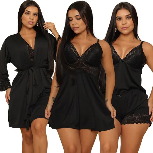 Kit Robe Roupão + Camisola De Renda + Baby Doll De Luxo