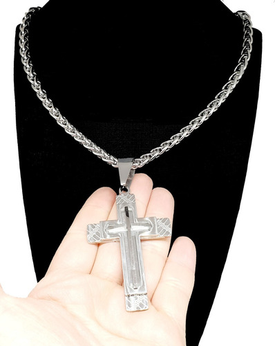 Cordão Grosso Crucifixo Grande Masculino Prateado Aço Inox