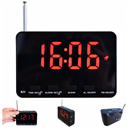 Reloj Despertador De Radio Fm (marco Negro Y Pantalla Roja)