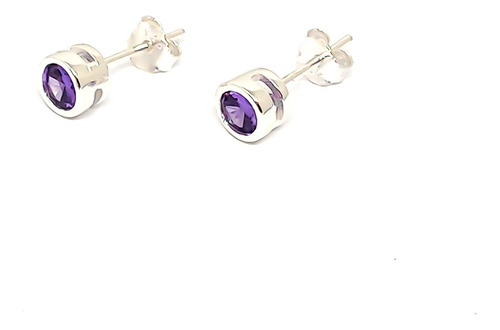 Aros Punto De Luz Redondos Circón Morado 5mm Plata Fina 925