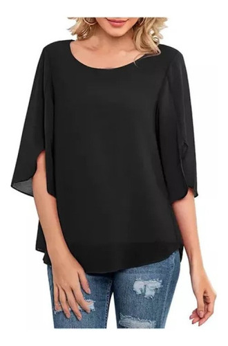 Blusa De Gasa Holgada De Manga 3/4 Casual Para Mujer