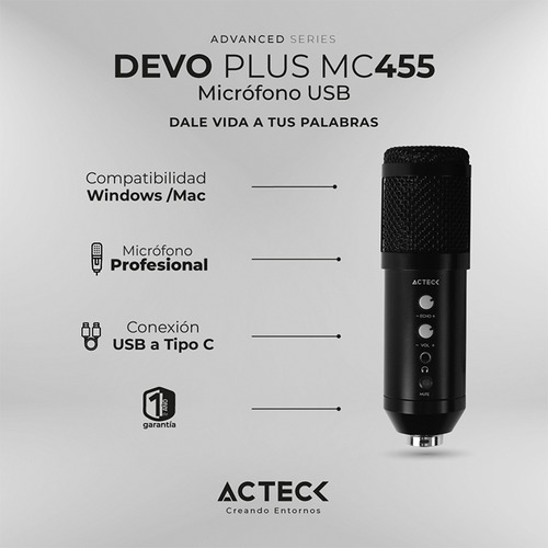 Microfono Gamer Acteck Devo Plus Mc455 Tripie Usb-c Negro