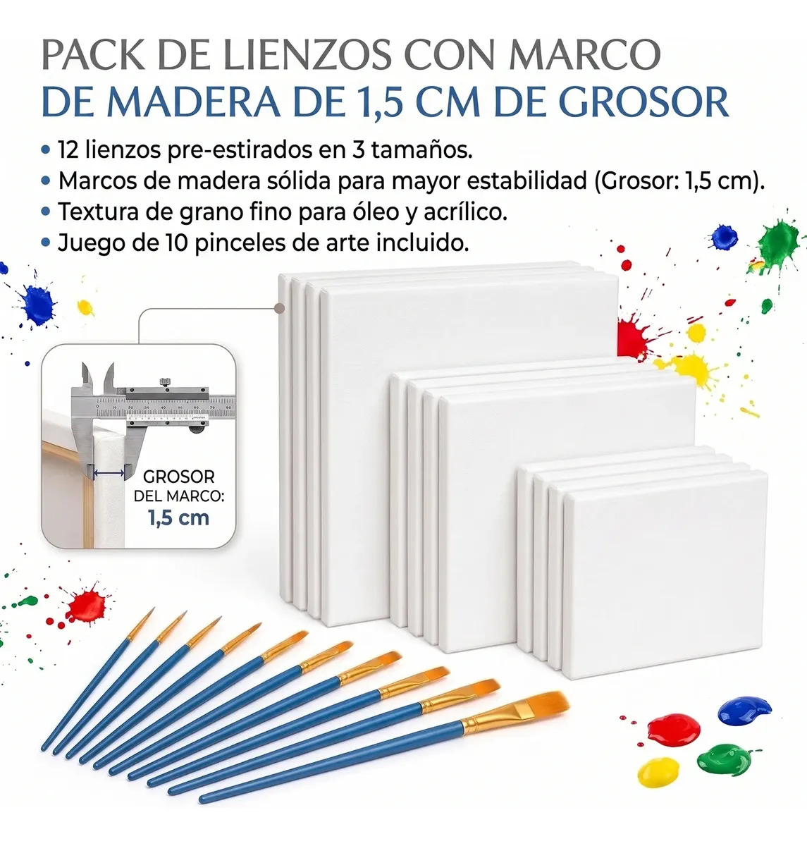 Set de 12 Lienzos para Pintar con Bastidor y 10 Pinceles Profesionales para Acrílico, Óleo y Acuarela