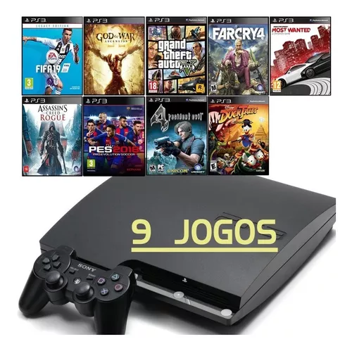 Ps3 Slim + 9 Jogos - Gta5 - Fifa 19 - God Of War - Far Cry 4