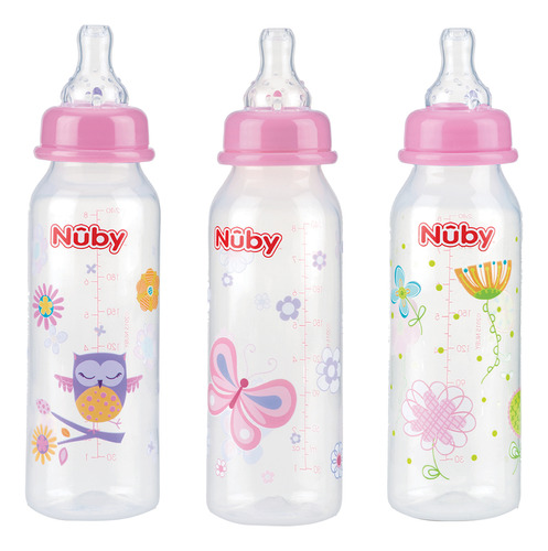 Mamadeira Bebe Estampada Bico Normal 240ml - Nuby Cor Rosa