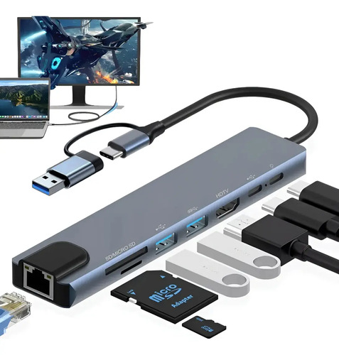 Hub Linkernel 8 en 1 USB-C HDMI 4K PD 100W Ethernet SD TF Windows MacOS Gris