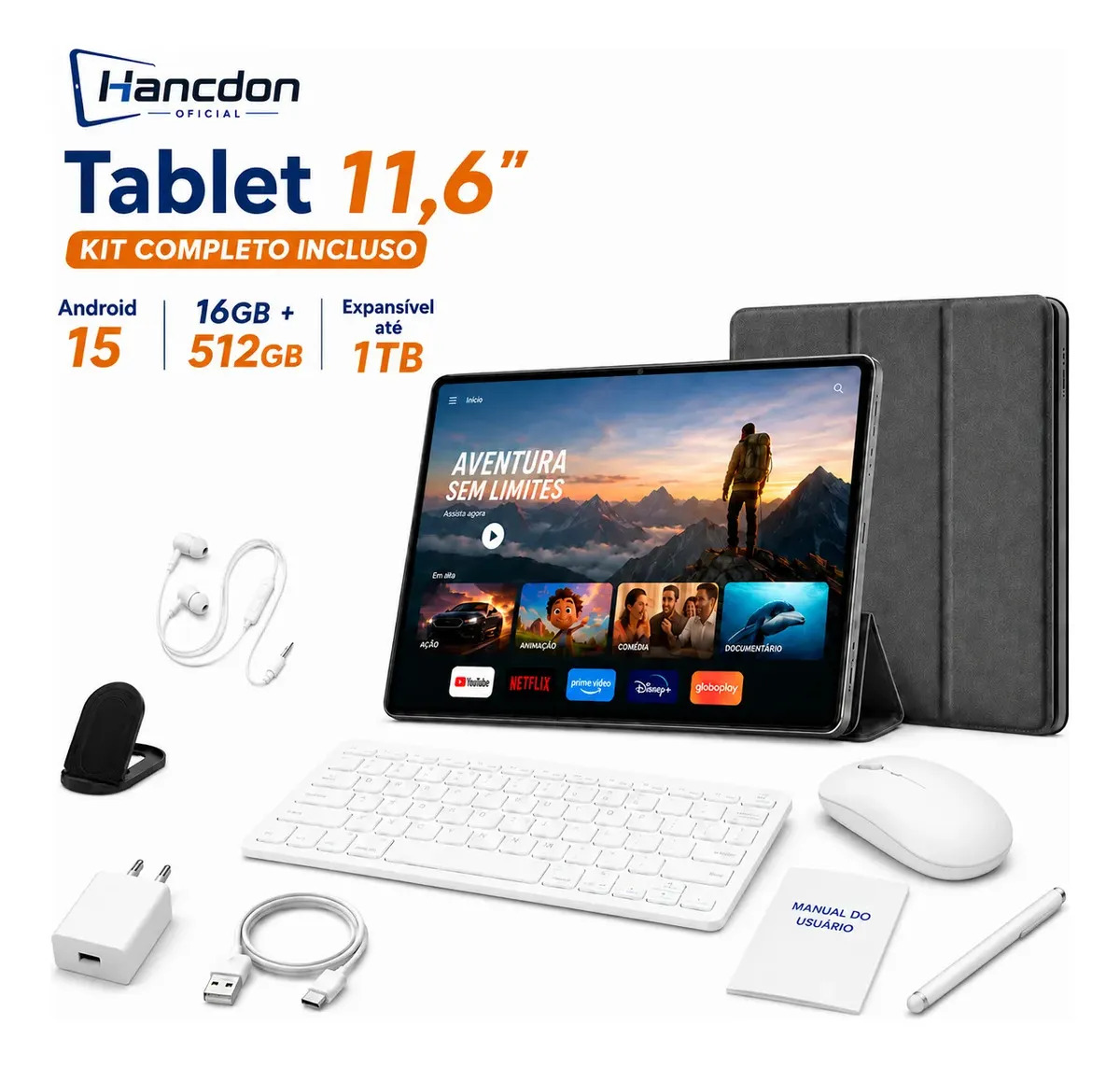 Tablet Android Tab Kit Completo Ram 16gb 512gb 11,6'' Hd Tela Apoia Wifi Bateria 8800mah Com Caneta+teclado E Mouse Profissional Estudo Trabalho Jogos 2 Em 1 Tablets Pc Preto