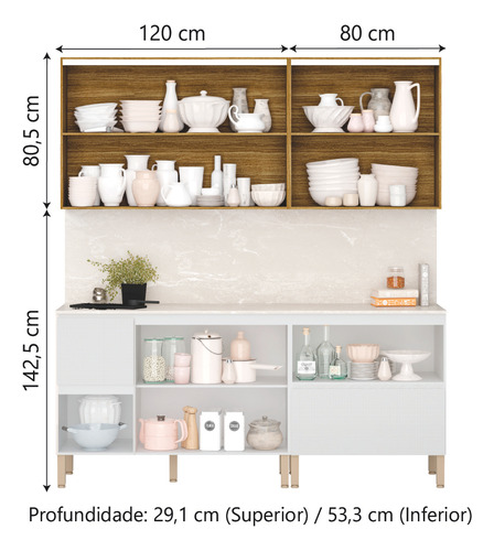 Armário De Cozinha Completa Com Balcão Art Kit’s Paraná 8 Portas 3 Gavetas Madeirado e Branco