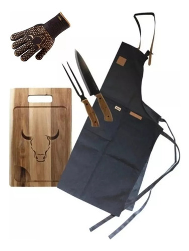 Set Parrillero Wayu Delantal Cuchillo Tenedor Tabla Guante 