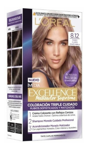 Tinta Loreal Excellence 8.12 Color Rubio Claro Cenizo Perla