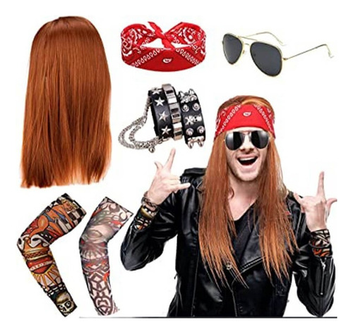 Kit Perucas Rocker Longas Hippie Pulseiras Fantasia De