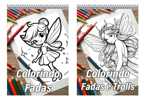 2 Cadernos Com 50 Desenhos Para Colorir Fadas + Fadas E Trolls - Tamanho A4 (21x29,7cm) #k11