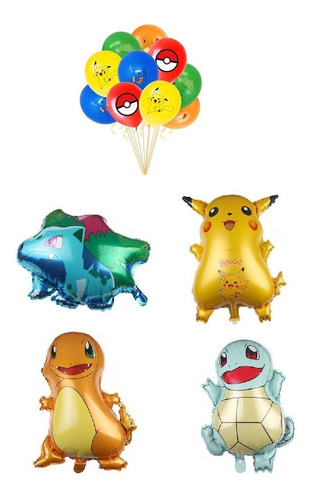 Imagen 1 de 7 de Pack 14 Globos Metalizado Y Latex Pokemon Pikachu Cumpleaños